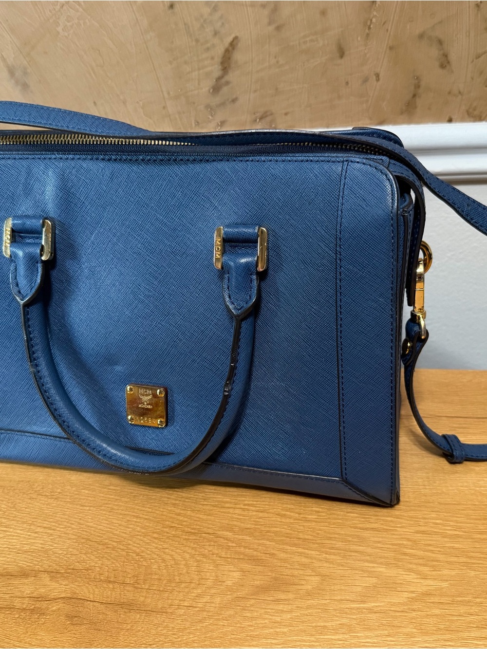 MCM Blue Saffiano Leather Satchel/Crossbody Bag Gold Hardware